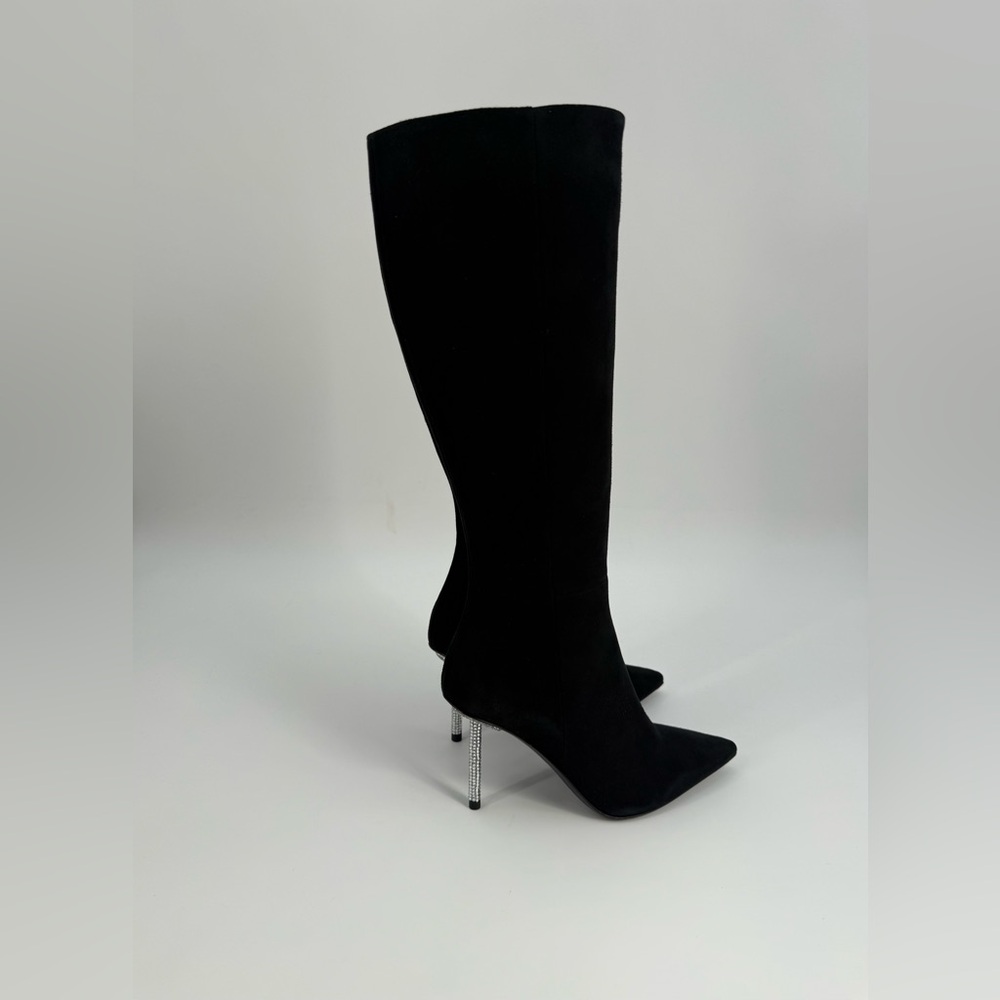 Diane B. Sophisticated Black Suede Knee-High Stiletto Boots with Rhinestone Heel - Picture 14 of 16